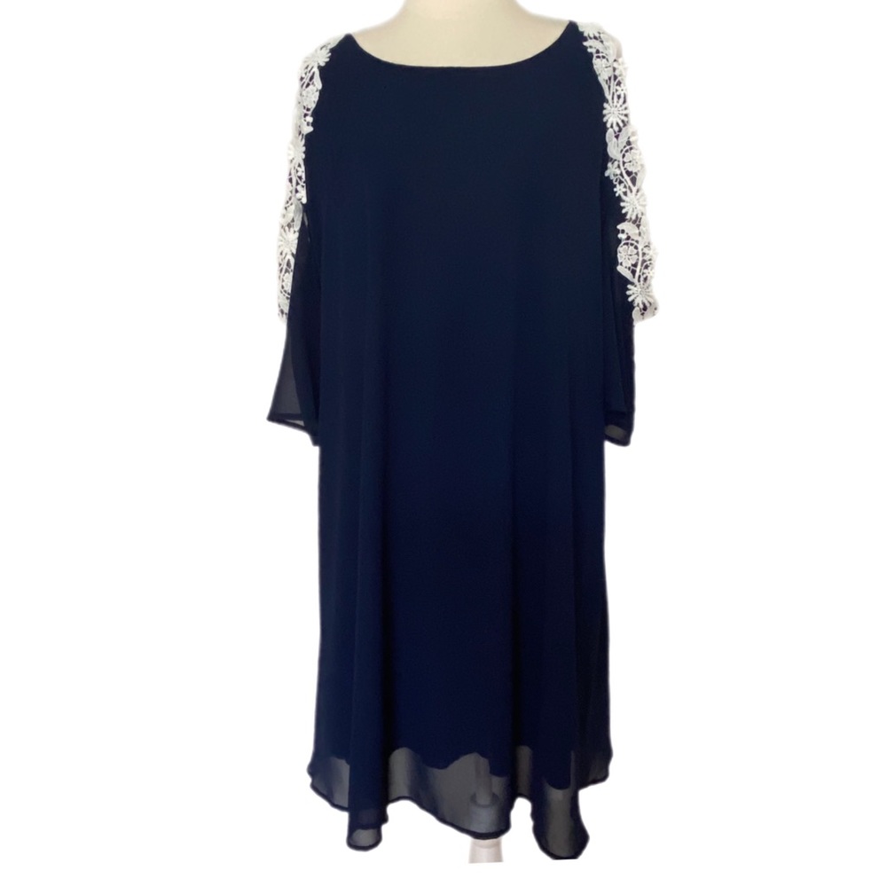 Roiii Crochet Navy Blue Lace Bell Sleeve Sheer Lined Shift Casual Dress 4XL NEW